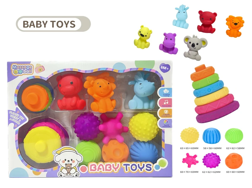 Rubber stacking blocks rainbow rings. Soft rubber ball. Baby tactile ball. Water play ball. Squeeze ball. Hand grasp ball. Bath toy. Water spray toy.