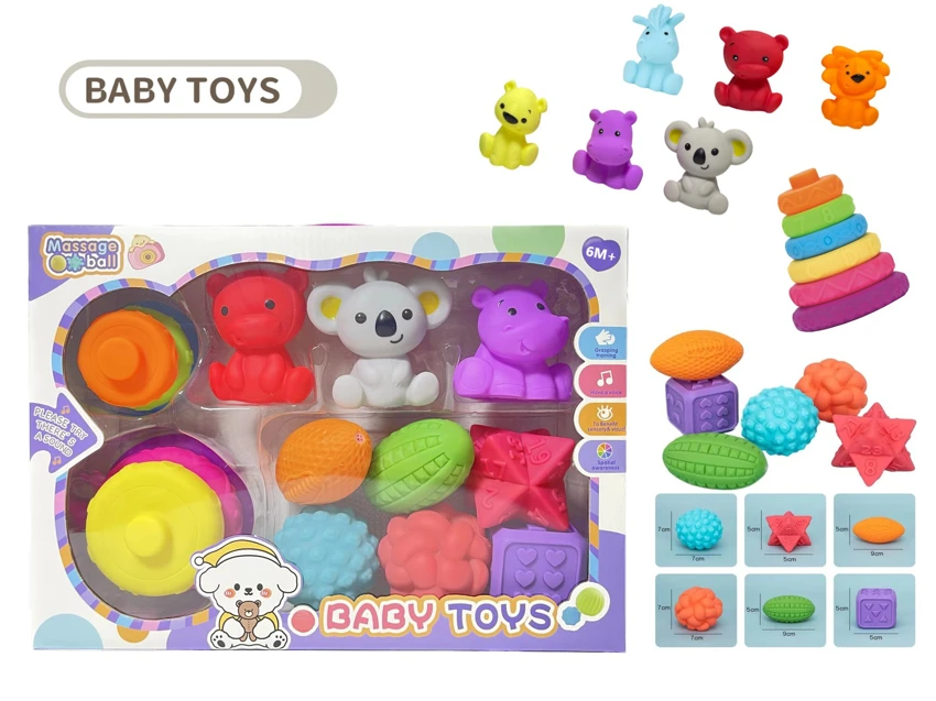 Rubber stacking blocks rainbow rings. Soft rubber ball. Baby tactile ball. Water play ball. Squeeze ball. Hand grasp ball. Bath toy. Water spray toy.