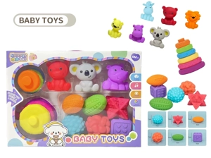 Rubber stacking blocks rainbow rings. Soft rubber ball. Baby tactile ball. Water play ball. Squeeze ball. Hand grasp ball. Bath toy. Water spray toy.