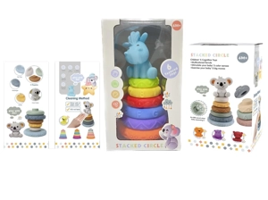Soft rubber stacking toy Rainbow Rings. Bath toy. Educational early learning. Multidimensional perception. Color difference recognition.