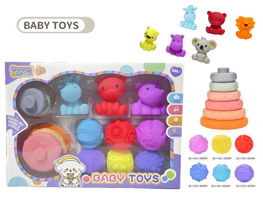 Rubber stacking blocks rainbow ring game. Soft balls. Baby touch balls. Water play balls. Squeeze balls. Hand-grip balls. Bath toys. Water spray toys