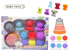 Rubber stacking blocks rainbow ring game. Soft balls. Baby touch balls. Water play balls. Squeeze balls. Hand-grip balls. Bath toys. Water spray toys