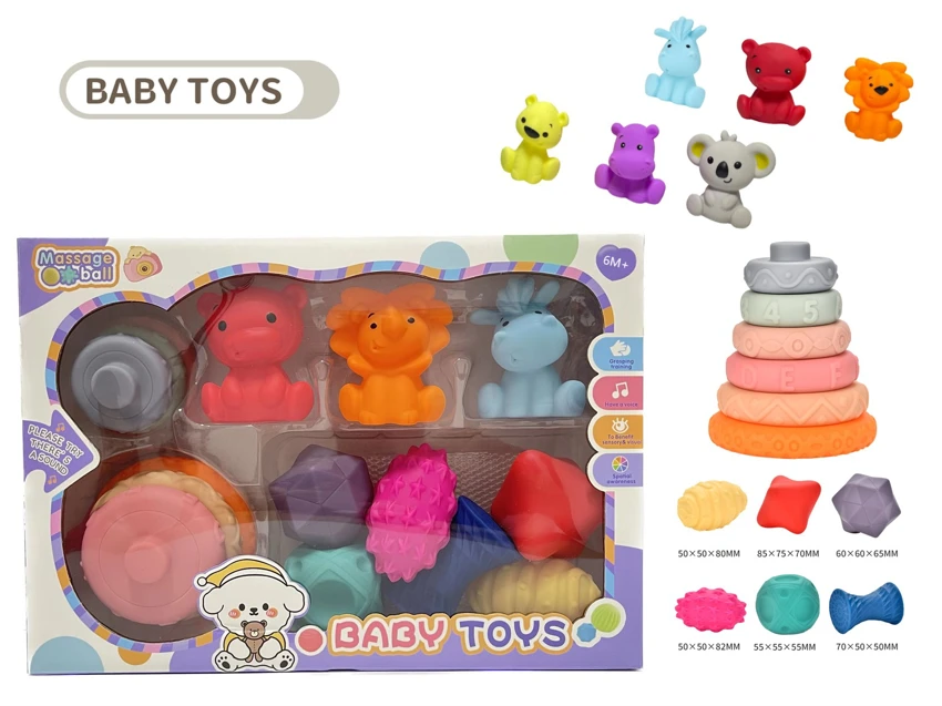 Rubber stacking blocks rainbow ring game. Soft balls. Baby touch balls. Water play balls. Squeeze balls. Hand-grip balls. Bath toys. Water spray toys