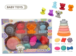 Rubber stacking blocks rainbow ring game. Soft balls. Baby touch balls. Water play balls. Squeeze balls. Hand-grip balls. Bath toys. Water spray toys