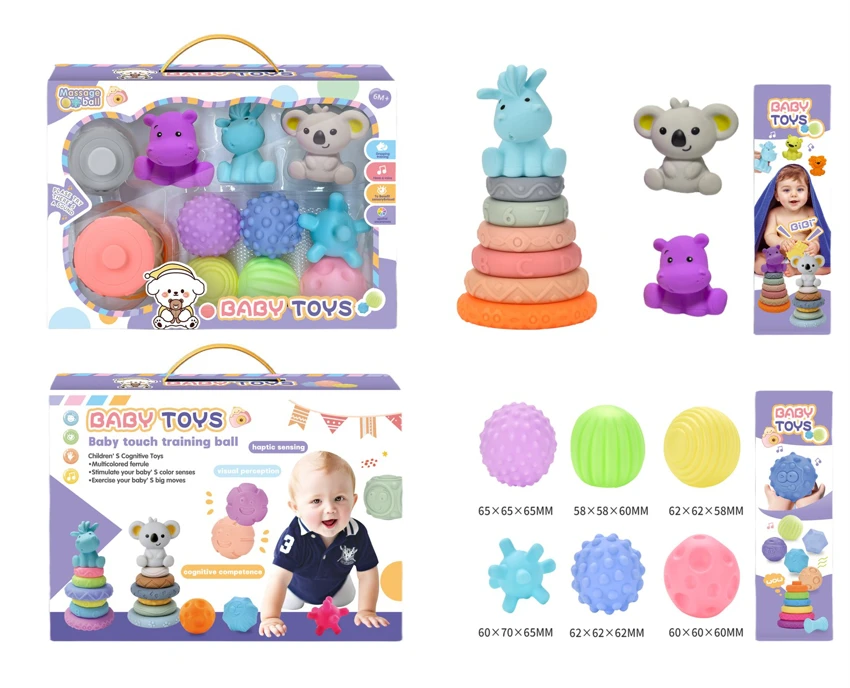 Rubber stacking blocks rainbow ring game. Soft balls. Baby touch balls. Water play balls. Squeeze balls. Hand-grip balls. Bath toys. Water spray toys