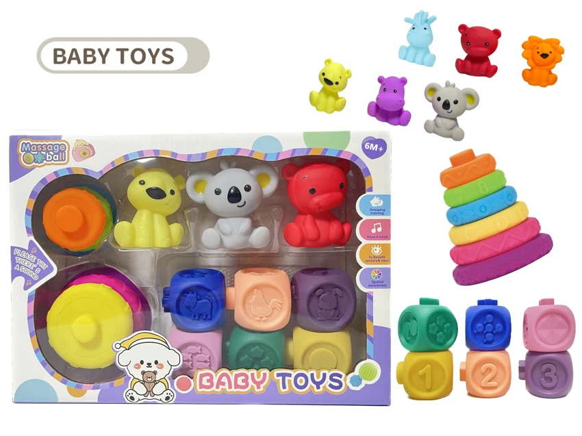 Rubber stacking blocks rainbow rings. Soft rubber ball. Baby tactile ball. Water play ball. Squeeze ball. Hand grasp ball. Bath toy. Water spray toy.
