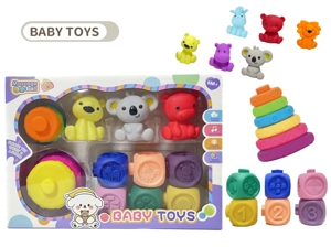 Rubber stacking blocks rainbow rings. Soft rubber ball. Baby tactile ball. Water play ball. Squeeze ball. Hand grasp ball. Bath toy. Water spray toy.
