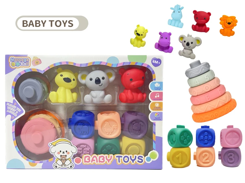 Rubber stacking blocks rainbow rings. Soft rubber ball. Baby tactile ball. Water play ball. Squeeze ball. Hand grasp ball. Bath toy. Water spray toy.