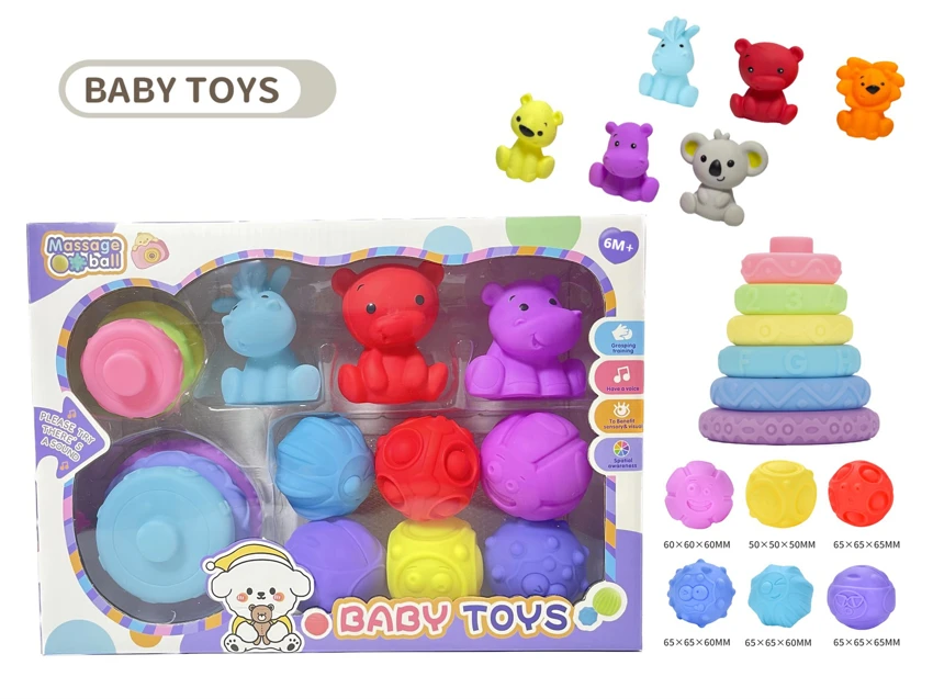 Rubber stacking blocks rainbow rings. Soft rubber ball. Baby tactile ball. Water play ball. Squeeze ball. Hand grasp ball. Bath toy. Water spray toy.