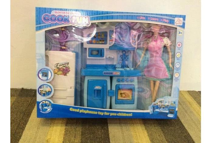 Modular Cabinet Kitchen Barbie Refrigerator Blue with Lights and Music