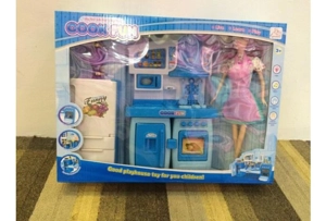 Modular Cabinet Kitchen Barbie Refrigerator Blue with Lights and Music