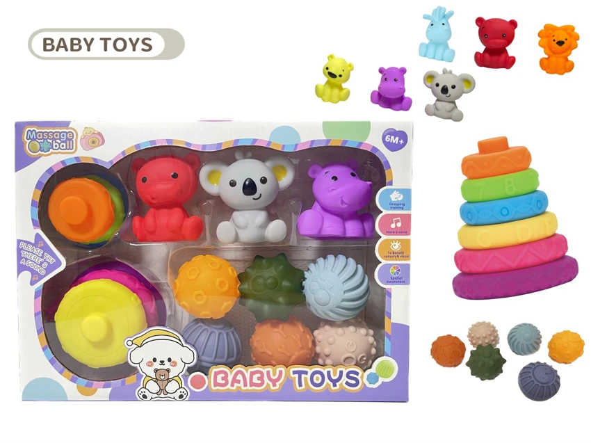 Rubber stacking blocks rainbow rings. Soft rubber ball. Baby tactile ball. Water play ball. Squeeze ball. Hand grasp ball. Bath toy. Water spray toy.