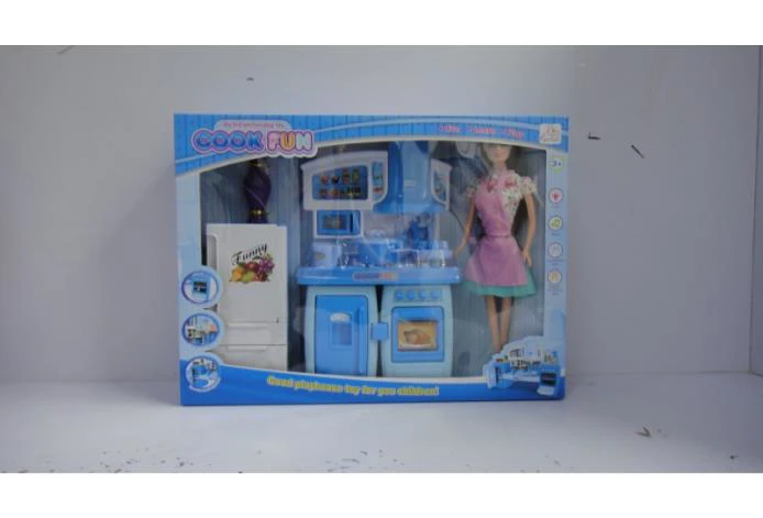 Modular Cabinet Kitchen Barbie Refrigerator Blue with Lights and Music