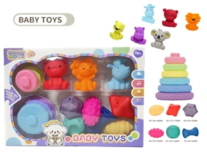Rubber stacking blocks rainbow rings. Soft rubber ball. Baby tactile ball. Water play ball. Squeeze ball. Hand grasp ball. Bath toy. Water spray toy.