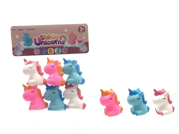 6-piece set unicorn rubber animal toys, 2 designs, 3 colors