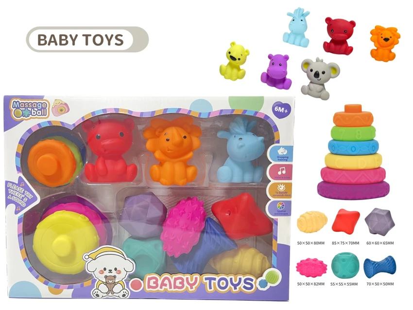 Rubber stacking blocks rainbow rings. Soft rubber ball. Baby tactile ball. Water play ball. Squeeze ball. Hand grasp ball. Bath toy. Water spray toy.