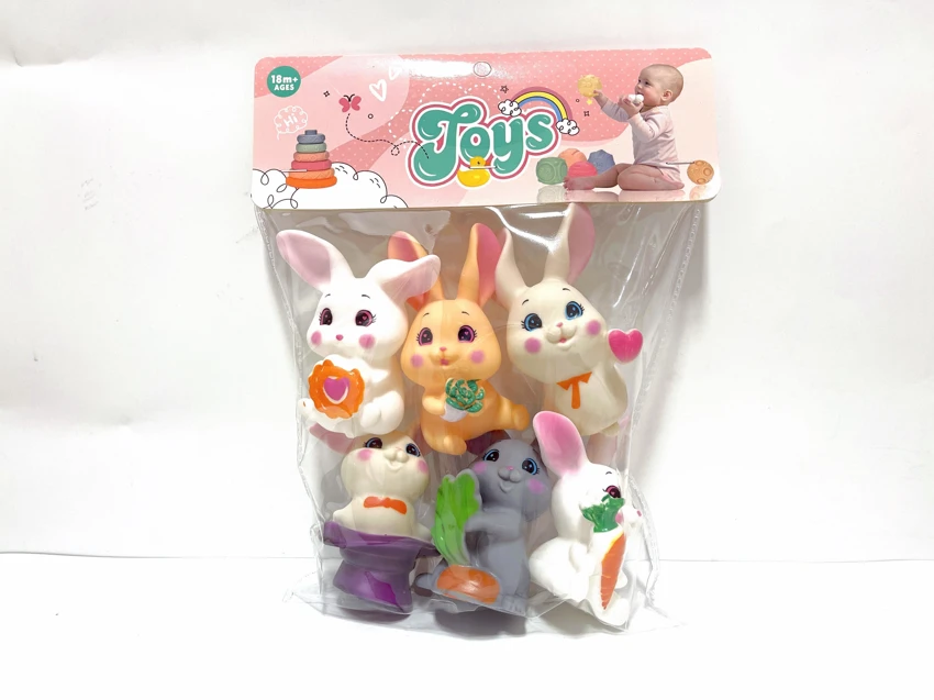 Rubber animal, little figurine, cute little rabbit, 6 pieces