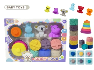 Rubber stacking blocks rainbow rings. Soft rubber ball. Baby tactile ball. Water play ball. Squeeze ball. Hand grasp ball. Bath toy. Water spray toy.