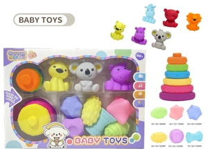 Rubber stacking blocks rainbow rings. Soft rubber ball. Baby tactile ball. Water play ball. Squeeze ball. Hand grasp ball. Bath toy. Water spray toy.