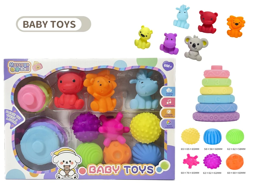Rubber stacking blocks rainbow rings. Soft rubber ball. Baby tactile ball. Water play ball. Squeeze ball. Hand grasp ball. Bath toy. Water spray toy.