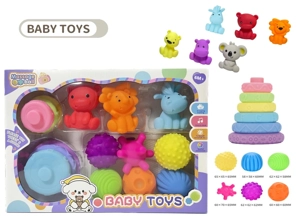 Rubber stacking blocks rainbow rings. Soft rubber ball. Baby tactile ball. Water play ball. Squeeze ball. Hand grasp ball. Bath toy. Water spray toy.