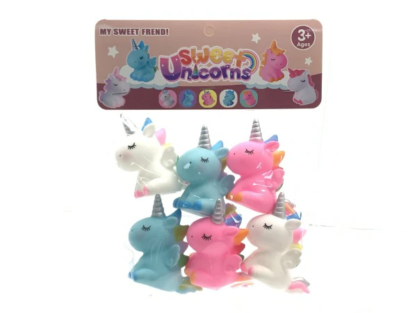 6-piece set unicorn rubber animal toys, 3 colors mixed