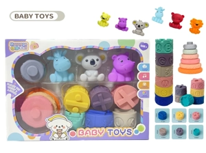 Rubber stacking blocks rainbow rings. Soft rubber ball. Baby tactile ball. Water play ball. Squeeze ball. Hand grasp ball. Bath toy. Water spray toy.