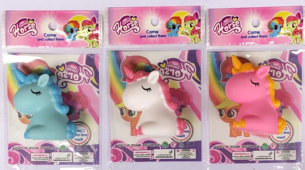 Unicorn rubber toy, single piece OPP bag, 2 designs, 3 colors mixed