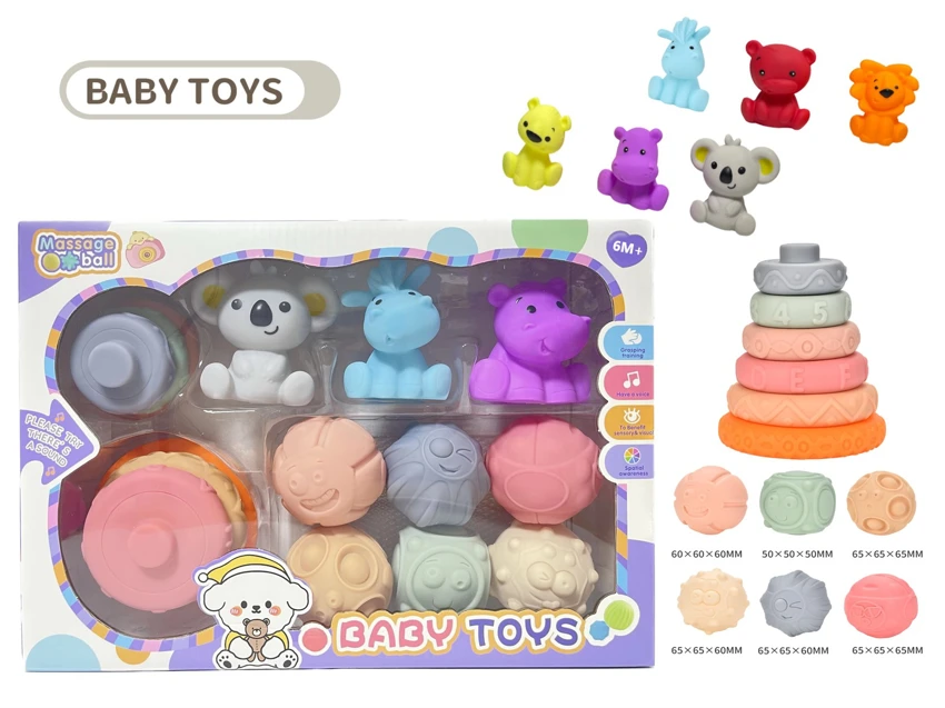 Rubber stacking blocks rainbow rings. Soft rubber ball. Baby tactile ball. Water play ball. Squeeze ball. Hand grasp ball. Bath toy. Water spray toy.