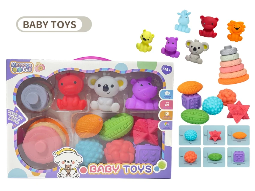 Rubber stacking blocks rainbow rings. Soft rubber ball. Baby tactile ball. Water play ball. Squeeze ball. Hand grasp ball. Bath toy. Water spray toy.