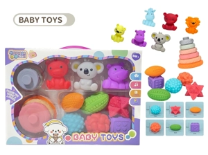 Rubber stacking blocks rainbow rings. Soft rubber ball. Baby tactile ball. Water play ball. Squeeze ball. Hand grasp ball. Bath toy. Water spray toy.
