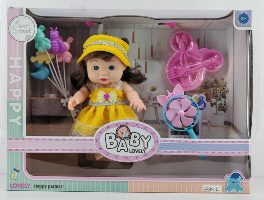 12-inch vinyl chubby doll with music, balloon, tableware, pinwheel