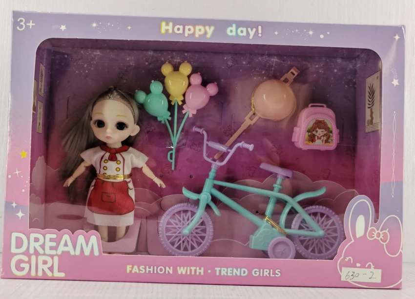 6-inch realistic Ye Luoli doll with bicycle, balloon, bag, and helmet