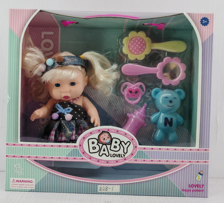 8-inch vinyl chubby doll with music, comb, mirror, pacifier, bottle, bear