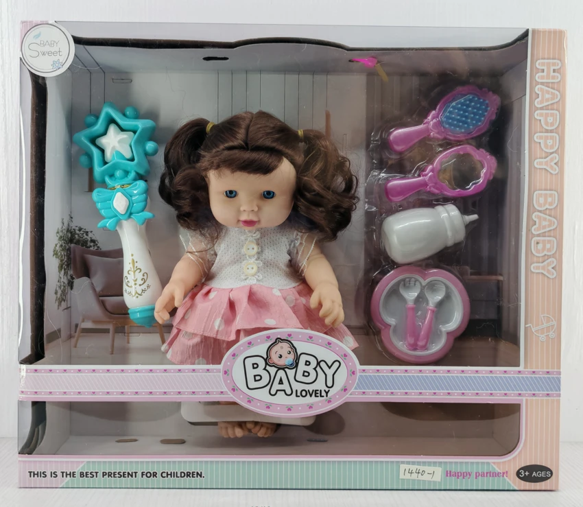 14-inch rubber chubby baby with music comb, mirror, tableware, baby bottle, and magic wand