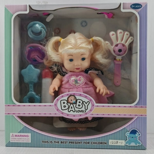 12-inch vinyl chubby doll with music, comb, pacifier, bottle, etc.