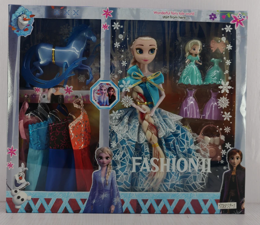 11.5-inch articulated evening gown ice princess with ice horse, small doll, bag, camera, 4 clothes
