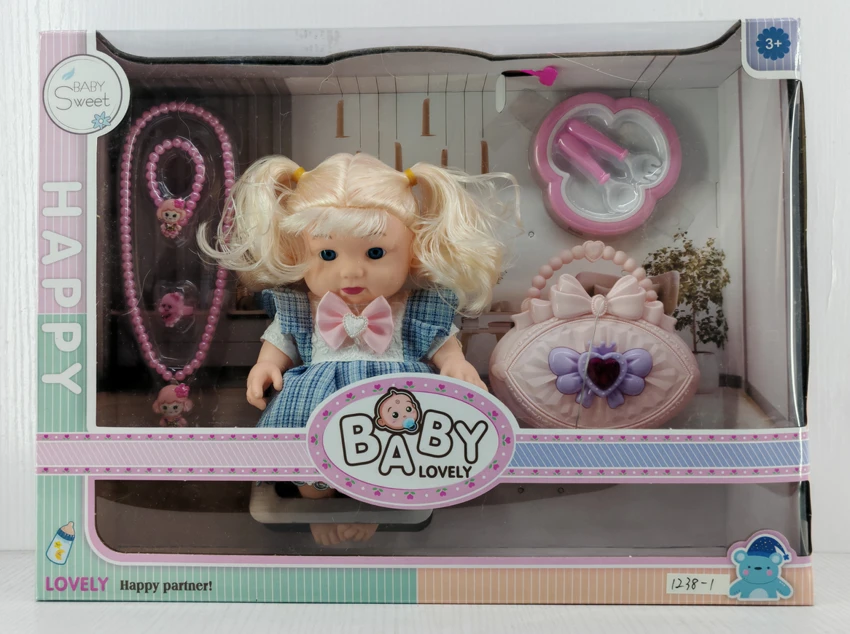 12-inch vinyl chubby doll with music, necklace, tableware, bag