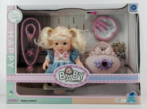 12-inch vinyl chubby doll with music, necklace, tableware, bag