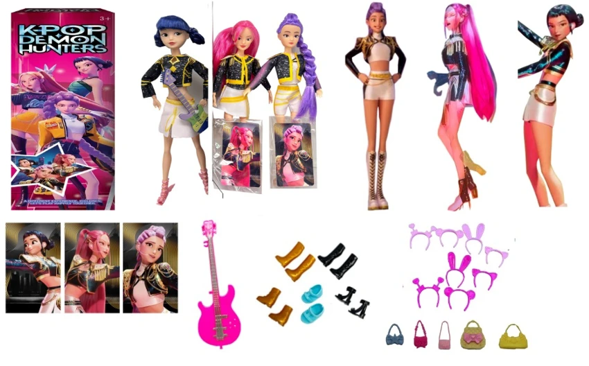 K-POP Witch Scream Animated Edition 11.5 Inch 9-Joint Real Body with Colorful Lights Theme Song Rumi Zoe Mi Cospiay Punk Barbie with Gold Mink Card One with Rock Guitar with Hairpin with Tote Bag