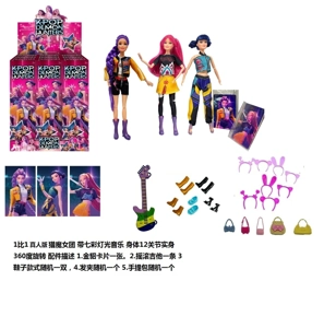K-POP Demon Hunting Witch Team Live-Action Version 11.5-inch 9-Joint Real Body with Multicolor Light Theme Song, Rumi Barbie Performing, comes with a mink card, rock guitar, hair clip, and handbag, 3 styles, 9PC mix