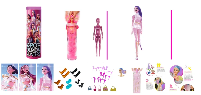 Water-soluble color-changing soaking water series K-POP Witch Hunt Animated Edition 11.5-inch solid body with Rumi Zoe Miral singing Barbie with gold mink card, with hairpin and handbag