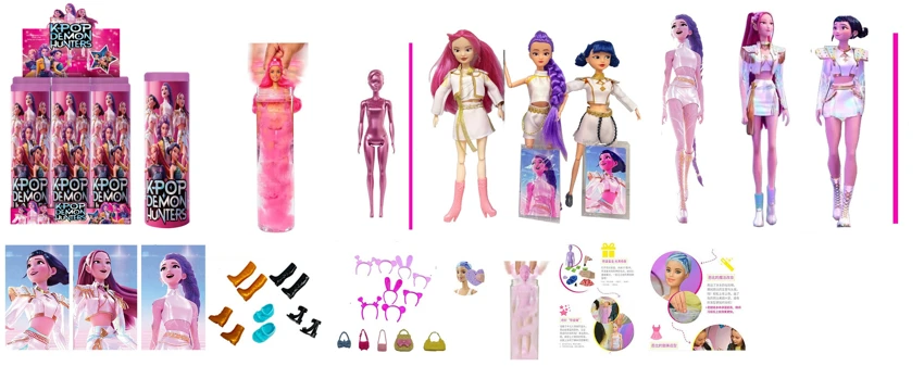 Water-soluble color-changing soaking water series K-POP Witch Hunt Group animated version 11.5 inch solid body with Rumi Zoe Milar singing Barbie with gold mink card, one with hairpin with handbag 3 types of 6PC mix