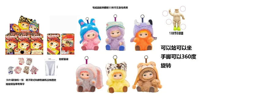 1 to 1 large version cotton body 1.0 furry trendy fun party series plush cotton body enamel face real eyeball WAKUKU with keychain strap 6 cards random 6 types 6pc