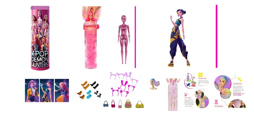 Water-soluble color-changing soaking series K-POP witch hunt group animated version 11.5 inch solid Rumi Rumi singing Barbie with gold mink card, a handbag with hair clips