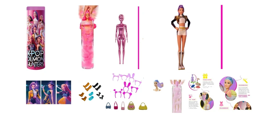 Water-soluble Color-changing Bubble Water Series K-POP Demon Hunting Witch Team Animated Version 11.5-inch Real Body Lumi, Zoe, Mi cosplay punk Barbie, comes with a mink card, hair clip, and handbag