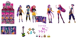 K-POP Demon Hunter Girl Group Animated Version 11.5 Inch 9-Joint Doll with Colorful Lights, Theme Song, Rumi Barbie with Gold Mink, 1 Card, Rock Guitar, Hair Clip, Handbag, 3 Variants, 9PC Mixed Set