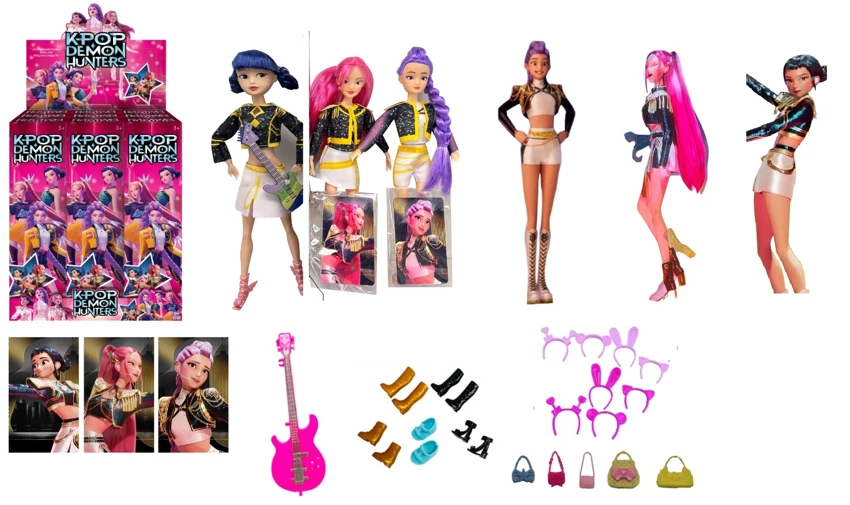 K-POP Demon Hunter Girl Group Animated Version 11.5 Inch 19-Joint Doll with Colorful Lights, Theme Song, Rumi, Zoe Cosplay Punk Barbie with Gold Mink, 1 Card, Rock Guitar, Hair Clip, Handbag, 3 Variants, 9PC Mixed Set