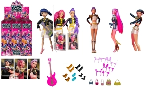 K-POP Demon Hunter Girl Group Animated Version 11.5 Inch 19-Joint Doll with Colorful Lights, Theme Song, Rumi, Zoe Cosplay Punk Barbie with Gold Mink, 1 Card, Rock Guitar, Hair Clip, Handbag, 3 Variants, 9PC Mixed Set