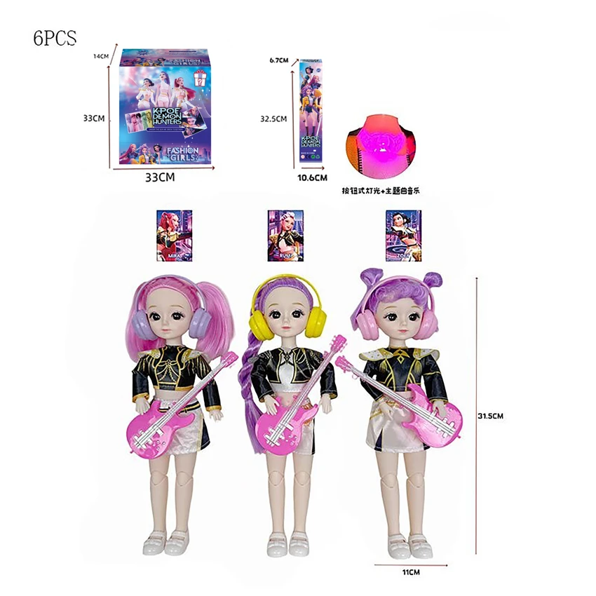 Witch Hunt K-POP 12 Inch 17 Joints 8D Real Eyes Blind Box Packaging with Light Music Theme Song Rumi Zoe Mira Enamel Doll (6PCS)